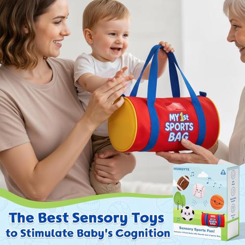 My 1st Sports Bag Plush Toy Playset with Soft Stuffed Balls, Basketball Baseball Football Soccer Ball Plush, Sensory Baby Toys for Toddlers Boys Girls (Sports Bag)