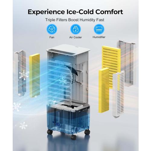 Portable Evaporative Air Cooler for Bedroom: PNTCK Swamp Cooler Fan & Humidifier with 2.1Gal Tank with, Remote, 2 Ice Packs, 3 Speeds, 3 modes, 12H Timer, Evaporative cooler for Room Indoors