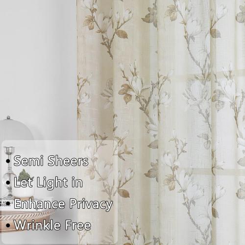 SMILE WEAVER Nature Yellow Sheer Curtains 54 inch Length for Living Room,Light Filtering Curtain 2 Panels,Voile Linen Textured Semi Sheer Floral Curtains for Bedroom/Kitchen Window Drapes