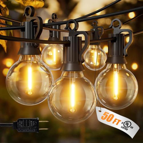 Outdoor String Lights, 50FT 52 LED Bulbs Connectable Patio Lights (2 Spare) | G40 Outside Vintage Hanging Light for Backyard Bistro Balcony Porch Christmas Party Wedding, E12, 2200K, Black