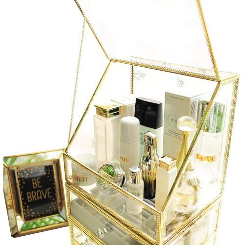 Vintage Makeup Organiser Clear Mirrored Brass Metal Case Spacious Cosmetic Storage for Makeup/Jewelry/Brushes/Perfumes/Skincare Glass Display Cabinets Dustproof Make Up Storage