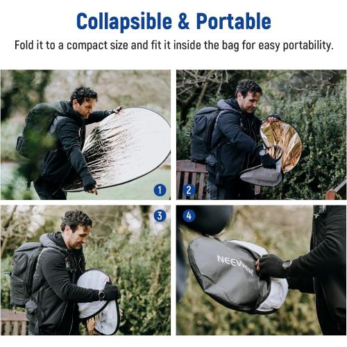 NEEWER 43/110cm Light Reflector Kit, 5 in 1 Collapsible Round Reflector (Translucent/Silver/Gold/White/Black), Metal Clamp and 21-43”/53-110cm Short Stand for Low Angle Studio Photography