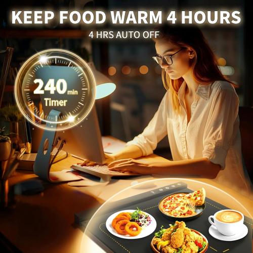 Warming Mat for Food - Full Surface Rapid Heating, Rollable & Portable Food Warmer with 6 Temperature Settings and 1-4 hours Adjustable Timer, Silicone Heating Mat for Party Buffet (Black)