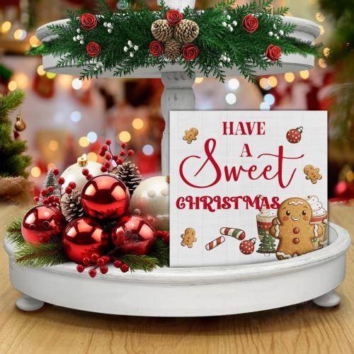 Farmhouse Christmas Wooden Block Sign - Gingerbread Decor for Table or Shelf - 5 x 5 Inch
