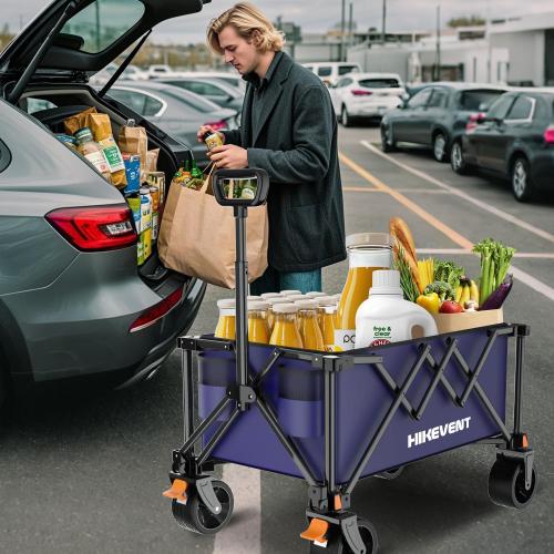 Color Blue Collapsible Wagon Cart, 360LBS Heavy Duty Foldable Beach Wagon with Wider Wheels, Utility Grocery Shopping Cart for Garden, Camping, Sports, Navy Blue