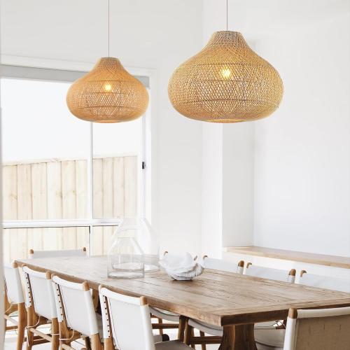 Large Rattan Pendant Light, 19.7 Rattan Boho Wicker Chandelier Hand-Woven Basket Pendant Light Fixtures for Dining Room Kitchen Island Living Room