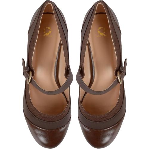 Size 8 Color Brown  Women Kitten Heel Mary Jane Pumps Closed Round Toe Ankle Strap Patchwork Comfy 3” Mid Chunky Mary Jane Heels Cap Toe Two Tone Buckle Dress Shoes Ladies Wedding Vintage 4-11 M US