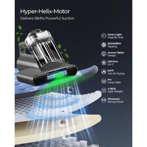 Teant Powerful Mattress Bed Vacuum Cleaner, 2-Speed (14kPa/18kPa) Mattress Vacuum with Green Light Dust Detection, 253.7nm UV-C Light, LED Display, HEPA Filter, 149℉ Heat, Aroma for Bed Couch Carpet