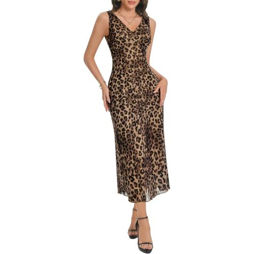 Women's Large Sexy V Neck Sleeveless Mesh Maxi Dresses Summer Casual Elegant Long Floral Dress Wedding Guest Cocktail Party
