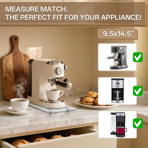 Sliding Tray for Coffee Maker: Acrylic Appliance Slider with Rubber Wheels - Coffee Machine Mat Pot Rolling Tray for Kitchen Countertop - 9.5x14.5 Clear