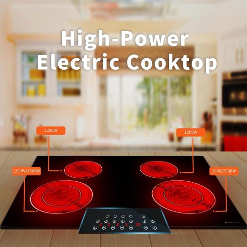Noxton 30 Inch Electric Cooktop 4 Burners, Built In, Sensor Touch, Expandable Burners, Pause, Safety Lock, Timer, 7100W 220240V
