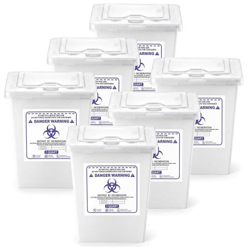 Hushee 6 Pack 1 Quart Sharps Container for Home Use, Multi-Purpose Small Portable Container for Home, Travel, Professional and Personal Use, Translucent Lid, Permanent or Temporary Closure