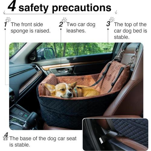 YOUVEE Dog Car Seat for Small/Medium Dog 20lbs 25lbs up to 32 lbs,Fully Detachable and Washable Puppy Booster seat with Storage Pockets,2 Adjustable Safety Belts(Black Outside Brown Inside)