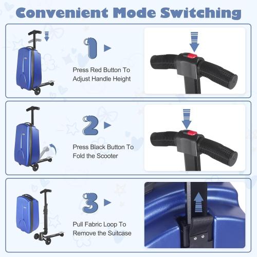 iubest Scooter Luggage Carry On Scooter Suitcase for Kids Age 4-15, Detachable & Foldable 4 in 1 Kids Suitcase, Multifunctional Ride On Travel Trolley Scooter Combo-Blue