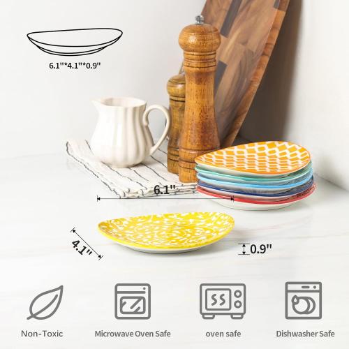 Selamica Small Dinner Plates, Oval Dessert Plates Ceramic, 6 Inch Small Plates for Appetizer, Cake, Snacks, Microwave Dishwasher Safe, Set of 6, Assorted Colors