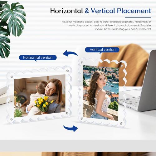2Pack Acrylic Magnetic Photo Frame 5x7 Inch - Sleek Scalloped Design, 10 10mm Thick Crystal Clear Block, Freestanding Double-Sided Magnet |Trendy Home Gift (2 Pack, 5X7)