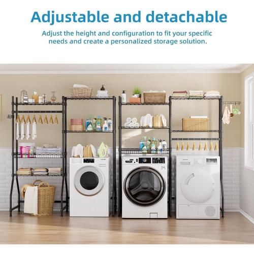 Golpart Over Washer and Dryer Shelves,Heavy Duty Laundry Room Storage Organization Clothes Drying Rack,5 Tier Adjustable Height Wire Shelving and Wire Basket with Hanger Rod&Hook,Space Saving Shelf | Heavy Duty, Clothes Drying Rack, Adjustable Height, Han