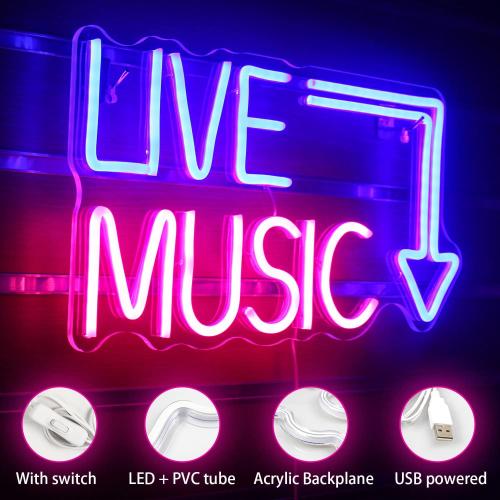 Color Blue and pink Live Music Neon Sign LED Neon Sign Large Blue and Pink Words for Music Studio USB Powered Switch for Wall Decor Beer,Bar,Music Studio,Bedroom,Party,Club