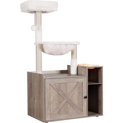 Hey-brother Cat Tree with XL Litter Box Enclosure, All-in-one Cat Tower for Indoor Cats with Large Hammock, Bed, Food Station, Scratching Posts, Modern Style Pet Furniture, Rustic Gray MPJ101SG
