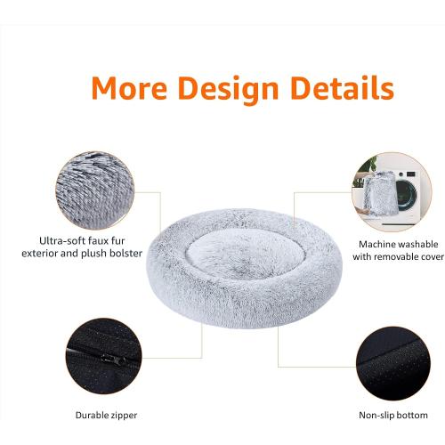 Amazon Basics Washable Donut Pet Bolster Faux Fur Bed with Removable Cover, Anti-Slip Bottom for Dog, Grey, 23 x 23