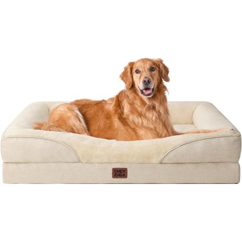 EHEYCIGA Orthopedic XL Dog Bed for Large Sized Dog, 42x30 Inch Extra Large Memory Foam Dog Couch Bed with Sides, Waterproof Liner & Washable Removable Cover, Bolster Pet Sofa, Beige