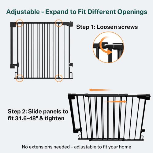 Cumbor 34 Extra Tall No Bottom Bar Baby Gate for Stairs, Hardware Mounted Dog Gate Indoor for Larger Pets, Expandable 31.6-48 Safety Gate for Doorways, Wide Walk Thru Door for Easy Access (Black)