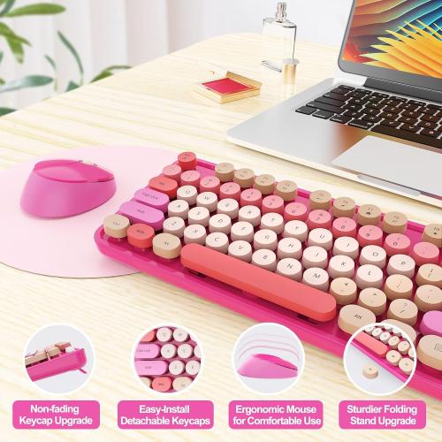 SkyGive Wireless Keyboard and Mouse Combo, Ergonomic Full Size Typewriter Retro Round Keycaps Keyboard, Compatible with Windows, PC, Perfer for Home and Office Keyboards （Red）