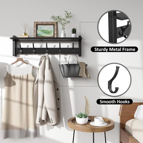 Optish Coat Rack Wall Mount with Shelf, 24 Inch Coat Hanger Walls Mounted, Hat Rack for Walls, Shelf with 5 Coat Hooks, Wall Hanger for Entryway (Black)