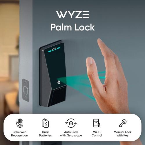 Wyze Palm Lock, Smart Door Lock with Palm Vein Recognition, Keyless Entry Smart Locks for Front Door, Keypad, Auto Lock, Dual Battery, Wi-Fi, Works with Alexa & Google, BHMA, IP53, Mechanical Key