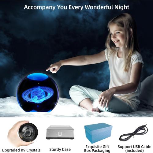 3.15 3D Saturn Crystal Ball Night Light 3.15 inch Glass Ball Table Lamp with Color Changing Touch Base Decor Ideal Saturn Gifts for Friends Kids Christmas Birthday