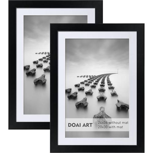 DOAI ART 24x36 Poster Frame Black 2 Pack without Mat or 20x30 Picture Frame with Mat - Polished Plexiglass for Wall Vertically or Horizontally Display - Wall Mounting Hardware Included