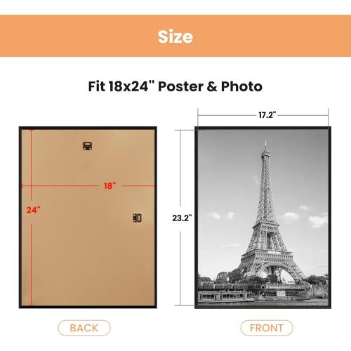 upsimples 18x24 Picture Frame Black 3 Pack, Scratch-Proof Poster Frames 18 x 24 for Photo Gallery - Slide-In Strips, Horizontal or Vertical Wall Mounting