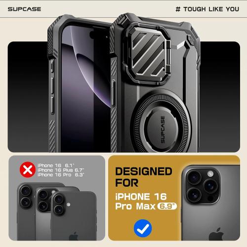 SUPCASE for iPhone 16 Pro Max Case with Camera Control Capture Button (UBMag XT), [Compatible with MagSafe] [Built-in Camera Cover Stand] [Military-Grade Protection] Rugged Magnetic Phone Case, Dark