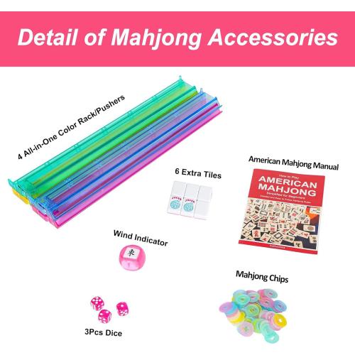 American Mahjong Game Set, 166 Pink Tiles (1.2”), 4 All-in-One Color Rack/Pushers & Drawstring Bag, Complete Mahjong Sets with Pink Printed Carrying Bag and Mahjong Tile Set Accessories