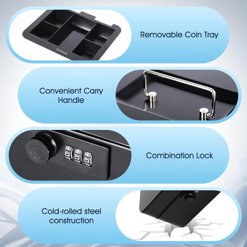 KYODOLED Cash Box with Combination Lock Safe Metal Money Box with Money Tray for Security Lock Box 7.87x 6.30x 3.35 Black