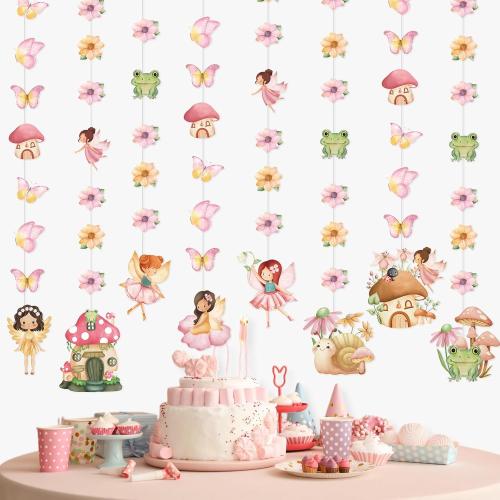 8 Pcs Fairy Party Decorations Fairy First Birthday Hanging Garlands Banner Butterfly Mushroom Flower Paper Cutouts Streamer for Wall Ceiling Decor Wonderland Garden Tale Floral Party Supplies