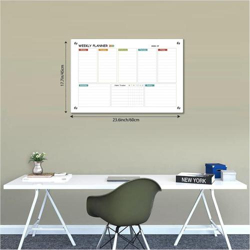 Glass Colorful Weekly Dry Erase Board for Wall,Weekly Planner Whiteboard for Wall 24x18,Frameless Mounting,Medium Weekly Wall Calendar Dry Erase for Office/School/Home