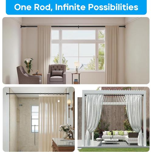 Tension Curtain Rod，40-166IN(3.33-13.83Ft) 2PCS One-Click Fast Extension Rod Easy to Install Black Long Outdoor Curtain Rods No Drilling Never Rust