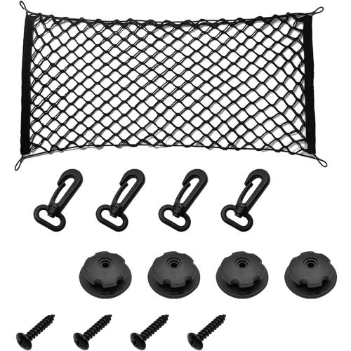 Car Rear Cargo Net Exterior Accessories, Adjustable Elastic Trunk Cargo Storage Organizer Net, Nylon Mesh Double-Layer with Hooks Compatible with Car, Trucks, SUV (39.4x 15.7)