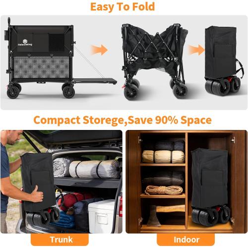 480L Double Decker Wagon, 58 L Extended Foldable Utility Cart with Tailgate, Big All-Terrain Wheels with Brakes, 520lbs Heavy Duty Collapsible Wagon for Camping Beach Sports Grocery Pets
