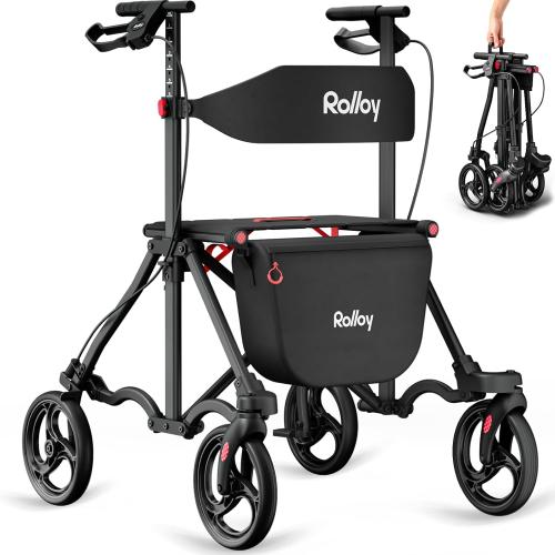 Rollator Walkers for Seniors with Seat, Foldable Travel Rolling Walker, 300lbs Capacity, lightweight Compact Portable Walker with Seat,Adjustable Height for Tall over 6ft,8 Big Wheels(Standard Model)