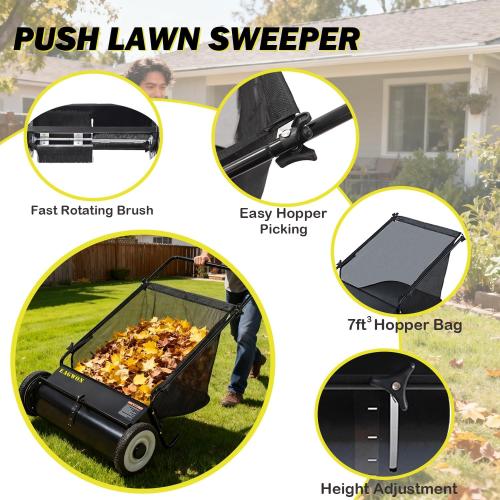 Push Lawn Sweeper, 26-Inch Width, 7 Cu. Ft. Hopper Capacity, 4 Spinning Brushes, Adjustable Height, Durable Steel Frame with Rubber Wheels, Ideal for Leaves and Grass