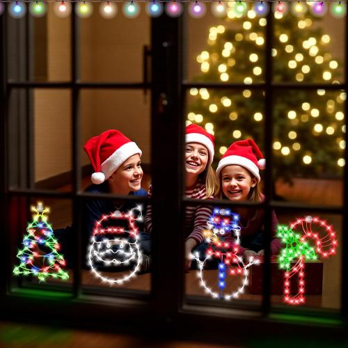 4 Pack Christmas Window Silhouette LED Lights Decorations, Santa Claus, Xmas Trees, Candy Cane, Snow Man Christmas Window Light with 50 Bulbs for Holiday Wall Door Glass Decorations