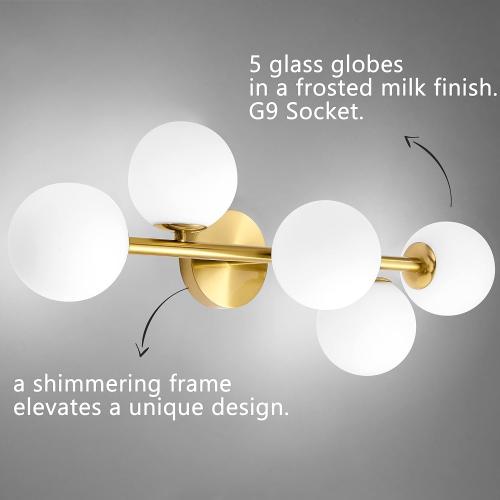 Mid Century Modern Bathroom Vanity Lights, 5-Light Bathroom Light Fixtures Brass Gold Bathroom Lights Semi-Flush Mount Ceiling Light, Gold Wall Sconce Wall Light with Globe Frosted Milk Glass, G9 Base