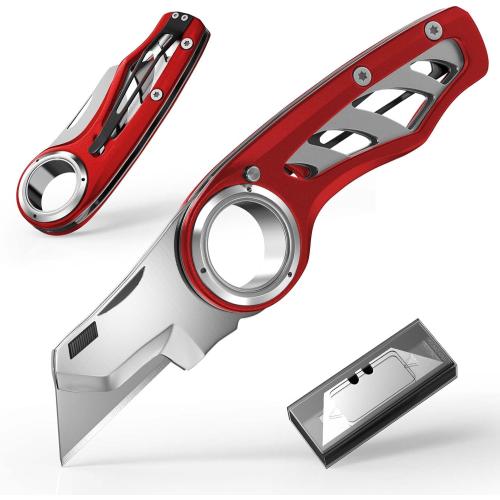 Folding Utility Knife Pocket Knife, Heavy-Duty Box Cutter with Aluminum Body, Quick Change Blades, Anti Slip Finger Loop, Box Cutter for Home, Office, Warehouse, Durable Razor Knife, Box Knife - Red