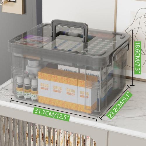 15qt Multi-Color Clear Medicine Organizer Storage Box (with Tray) - Thickened Plastic Empty First Aid Case   Handle | Portable Multipurpose Medical Caddy (Gray)
