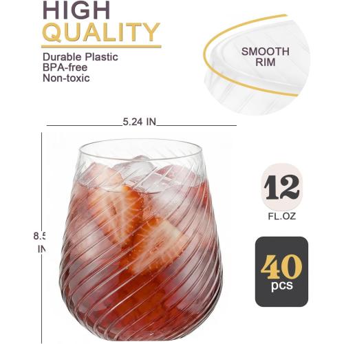 Maaacute 40 Pack Plastic Stemless Wine cocktail Whiskey Champagne Glasses, 12 Oz Disposable Unbreakable Cups for Party Bars Wedding Tasting (Spiral)