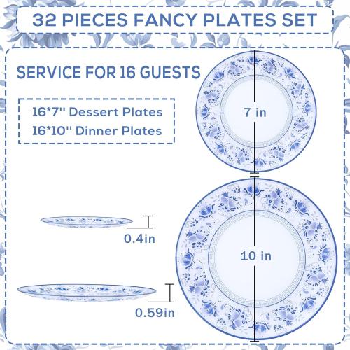 WONDERFUL 32pcs Blue Plastic Plates Blue and White Fancy Disposable Plates Floral Decorative Plate Disposable Heavy Duty for High-End Party Retro Decor