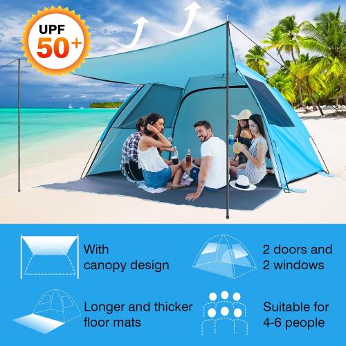 DLUCKY Beach Tent for 1/2/3/4/5/6 Person,Anti-UV Portable Sun Shade ShelterUPF 50 ,Both Sides Extendable Floor,Extendable Awning,with 2 Ventilating Mesh Windows,Lightweight & Easy Setup.