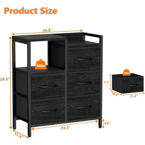Furnulem 5 Drawer Black Dressers for Bedroom 2 Tier Shelf Storage Small Fabric Dresser for Closet Sturdy Metal Frame Modern Style Storage Cabinets Organization Units for Hallway Rooms
